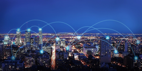 蓝色科技感城市夜景物联网联系网络背景